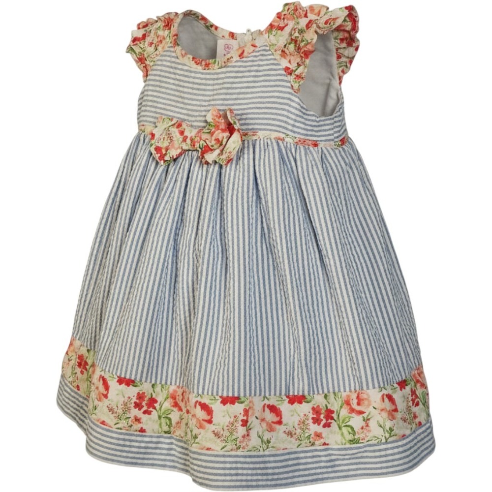 Bonnie Baby Girls Blue Seersucker Floral Striped Bow Dress 3/6M R5-11001-PS